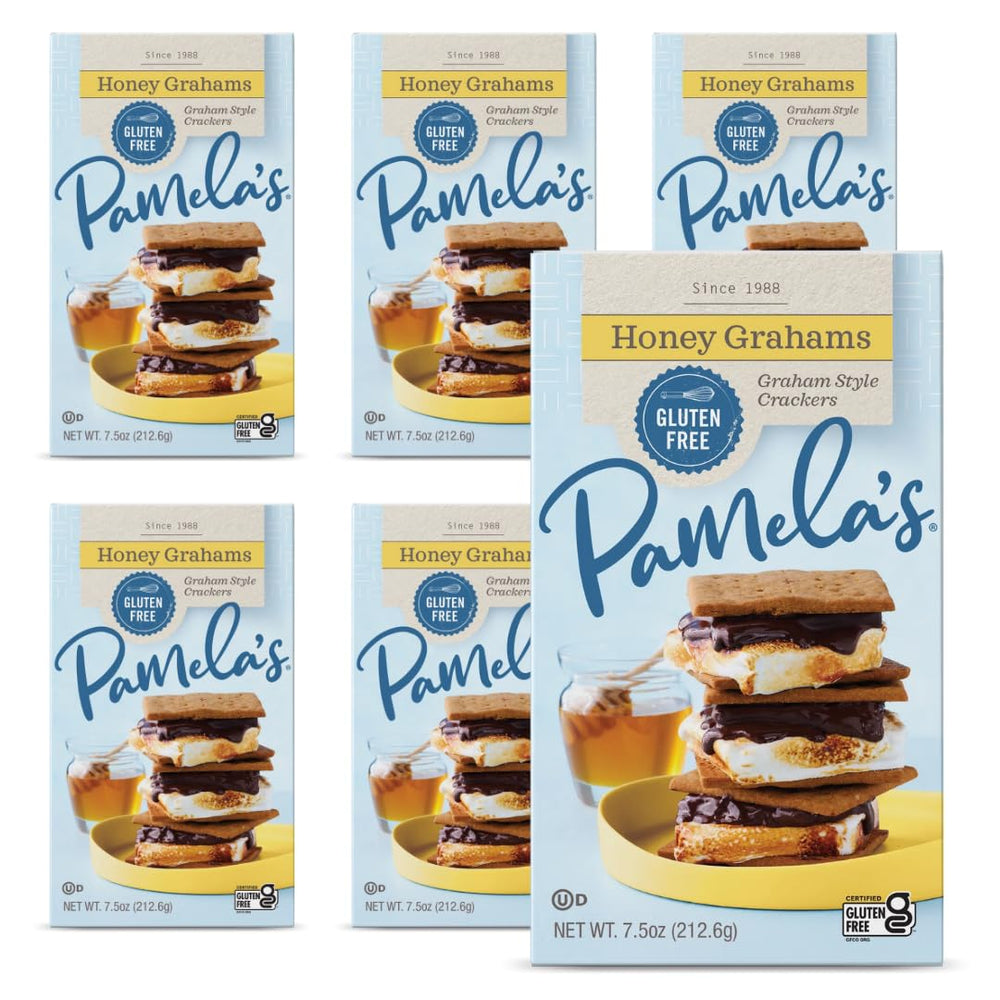 Pamela's Traditional Honey Grahams pack shot highlighting gluten-free family-friendly snack.