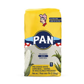 P.A.N. White Corn Meal packaging, convenient pre-cooked flour for quick arepas.