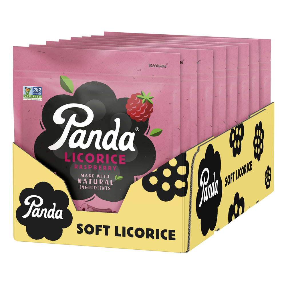 Panda Natural Raspberry Licorice pack in resealable bags for on-the-go snacking.