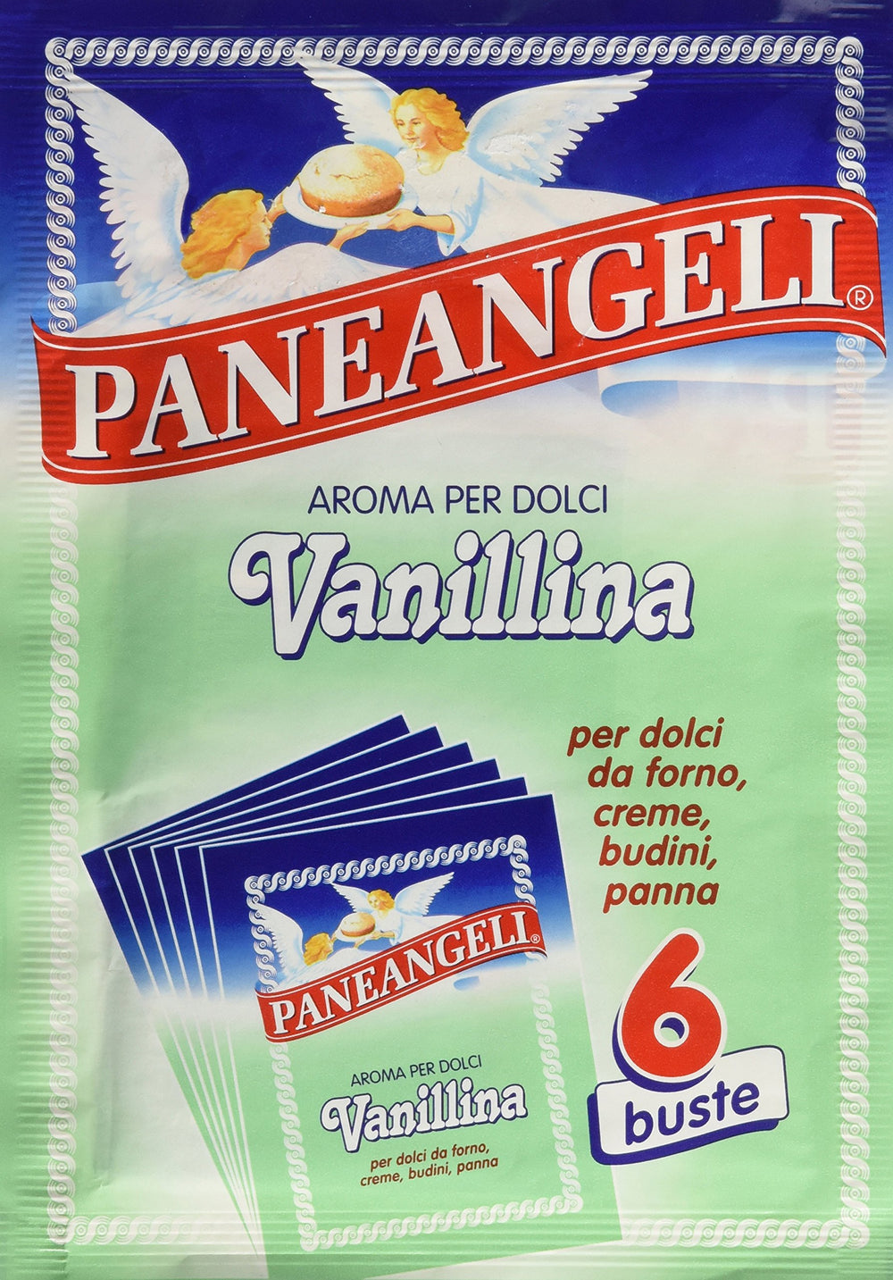 Paneangeli Vanillina envelope packaging showing convenient vanilla flavoring for baking.