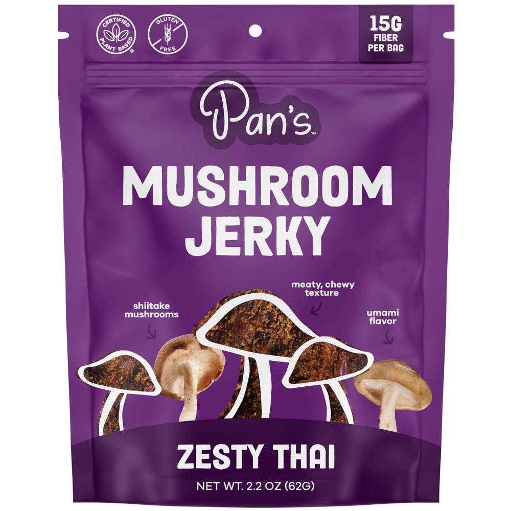 Pan's Mushroom Jerky organic shiitake close-up, gluten-free plant-based snack.