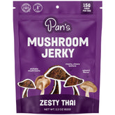 Pan's Mushroom Jerky organic shiitake close-up, gluten-free plant-based snack.