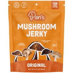 Pan's Mushroom Jerky Original bite showing savory plant-based texture