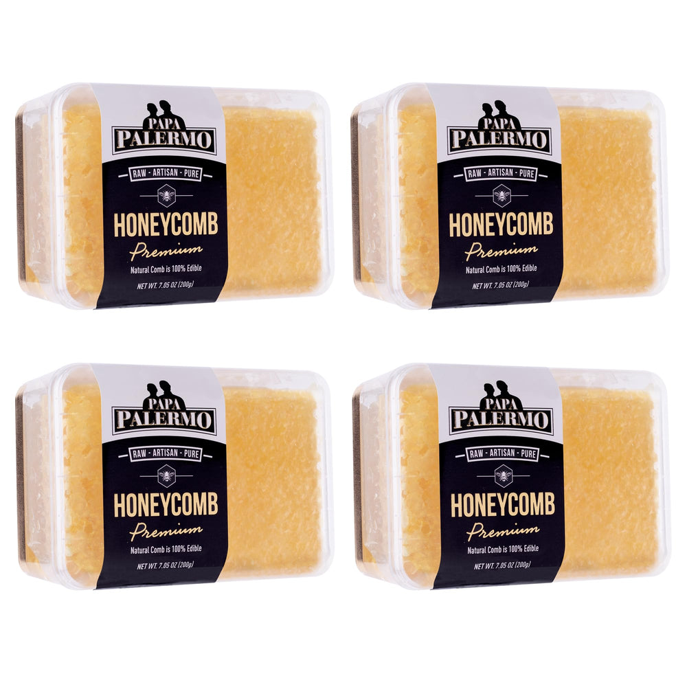 Papa Palermo honeycomb raw slice; pure edible honeycomb straight from the hive for gourmet tasting.