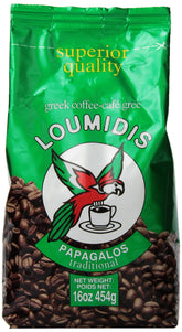 Papagalos Loumidis ground coffee bag close-up for authentic Greek mornings.