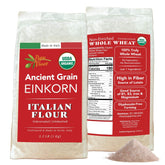 Papa Vince Organic Einkorn Flour packaging highlights authentic Italian stone-milled heritage.