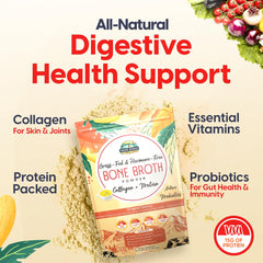 Paradise Naturals probiotics bone broth powder infographic emphasizing gut-friendly probiotic blend