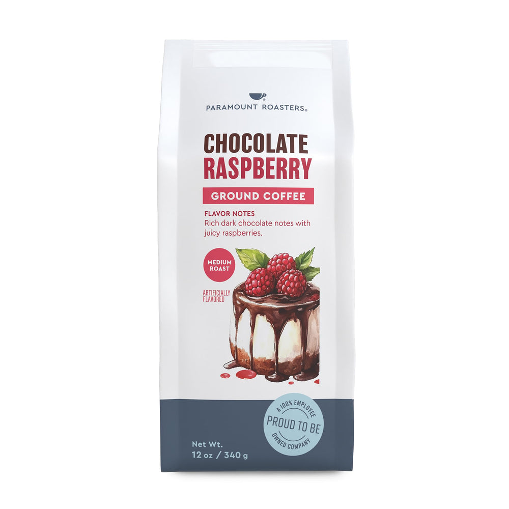 Paramount Roasters packaging for Chocolate Raspberry ground coffee shows resealable freshness.