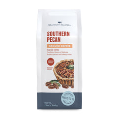 Paramount Roasters Southern Pecan ground coffee bag; rich aroma for a cozy morning.
