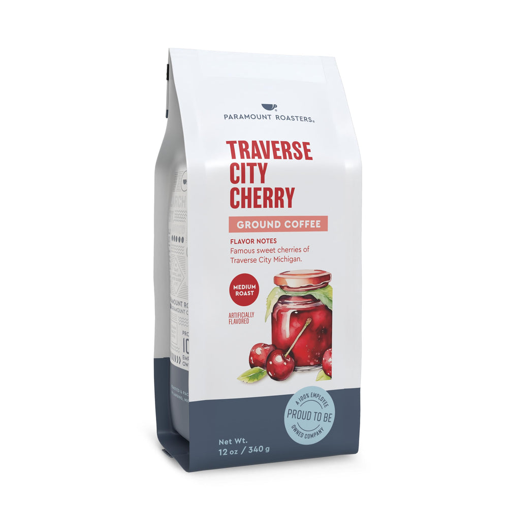 Paramount Roasters Traverse City Cherry ground coffee; rich aroma for mornings.