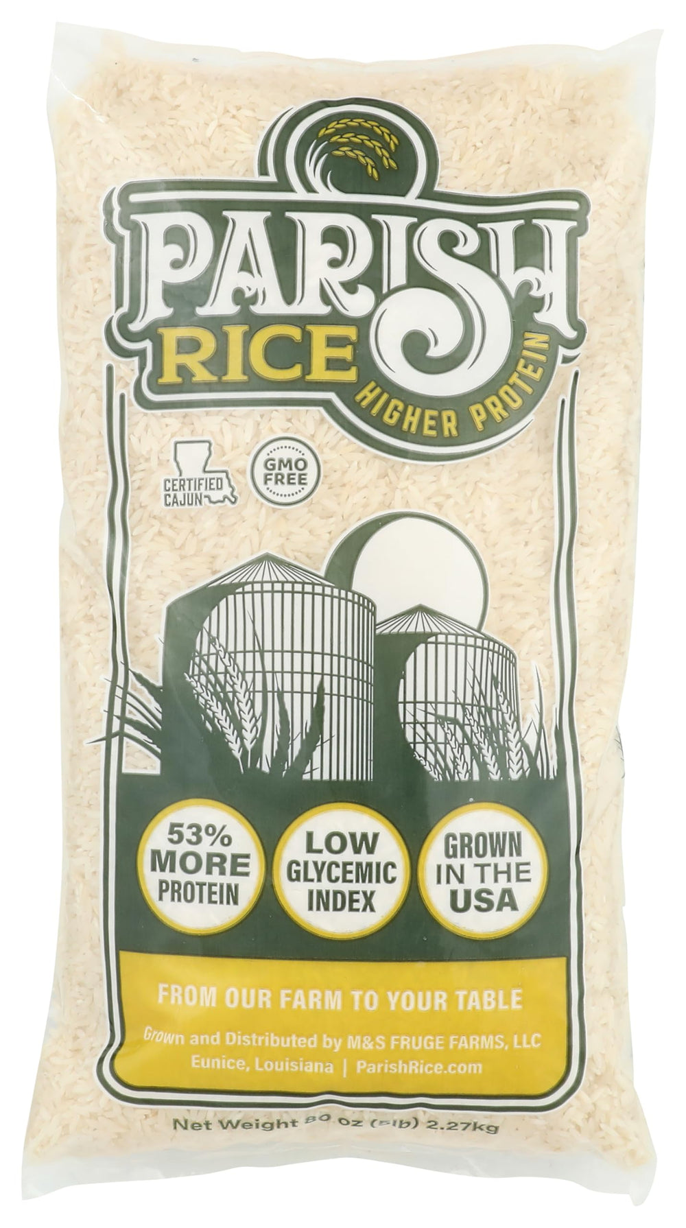 Parish White Rice 5lb bag on pantry shelf, versatile base for curries and stir-fries.