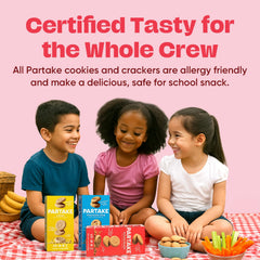 Partake 3-pack boxes on shelf, convenient allergen-free snacks for families