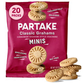 Partake Classic Graham Cracker Minis packaging displayed for school-safe snacking.