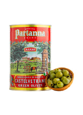 Partanna pitted Castelvetrano olives in a can close-up, premium quality and vibrant color.