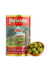 Partanna pitted Castelvetrano olives in a can close-up, premium quality and vibrant color.
