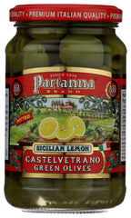 Partanna Sicilian lemon olives in a jar, ideal for antipasto platters