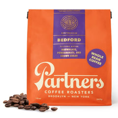 PARTNERS COFFEE ROASTERS Bedford espresso beans ready for grinding for a rich home espresso.