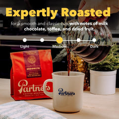 Brewing PARTNERS COFFEE ROASTERS Brooklyn Blend with a French press to reveal cocoa notes