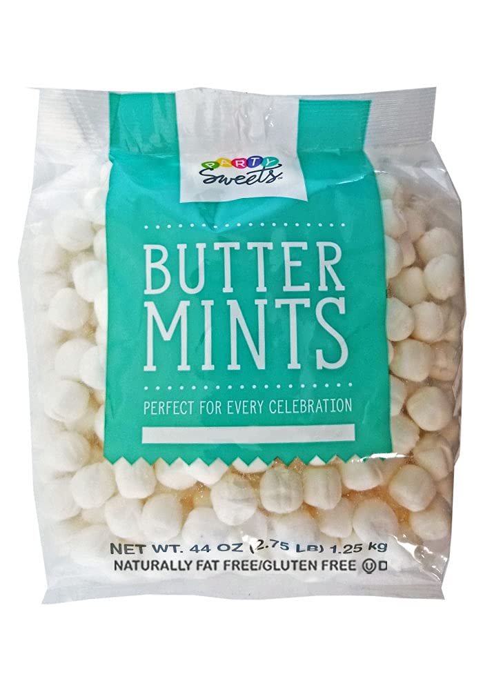 Party Sweets White Buttermints bag front view, perfect party decor and favors.