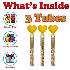 Partypom Goldbearrs Valentines tube with clear view and colorful gummies, ideal for gifting.