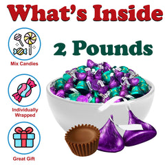Green and purple wrapped kisses from Partypom decorate a festive candy display.