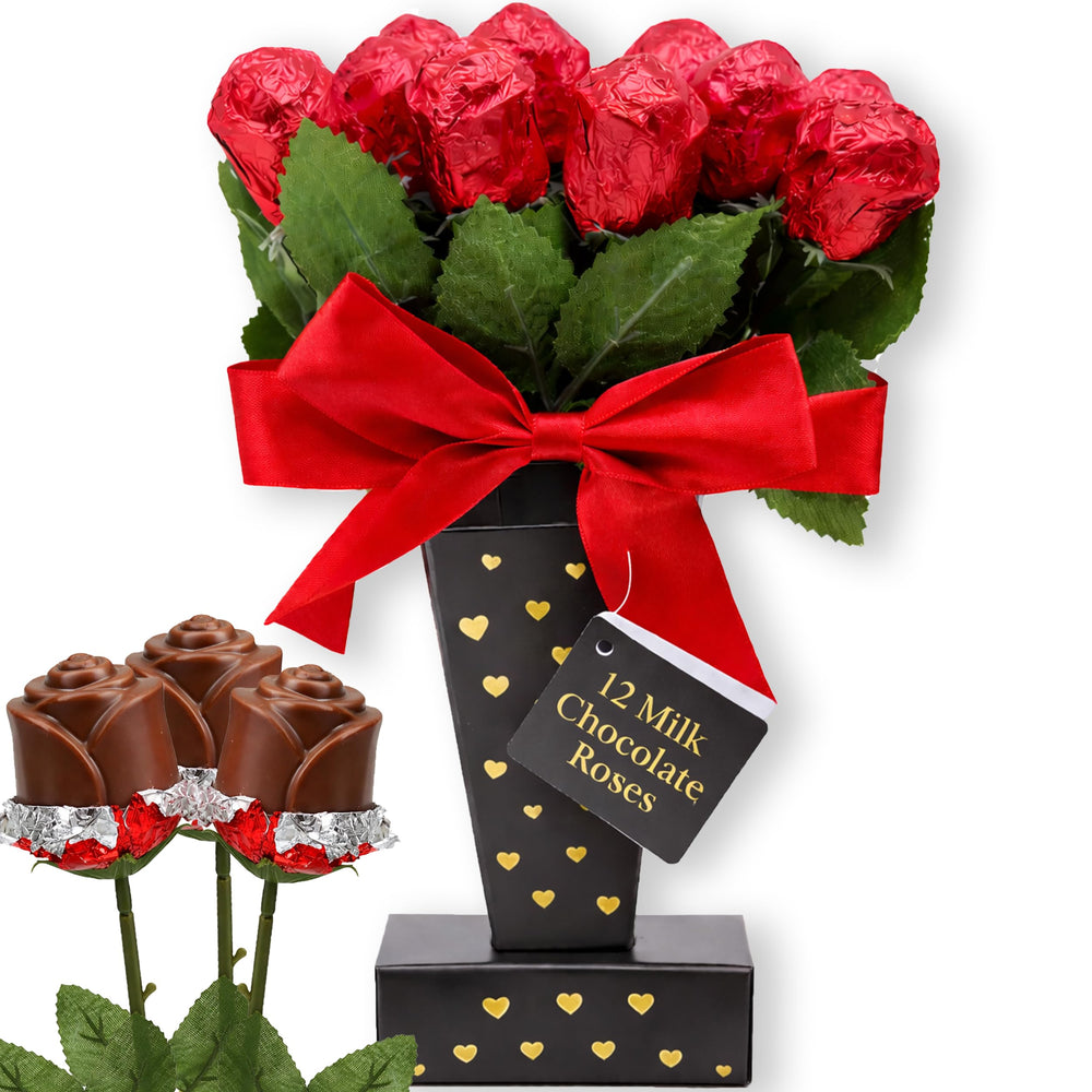 Partypom Valentine milk chocolate roses bouquet wrapped in red foil, a romantic edible gift.