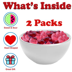 Partypom heart gummies close-up showing red and pink hearts, great for sharing