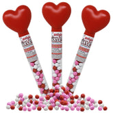 Partypom Valentines pink heart tubes with colorful candy-coated chocolates for kids
