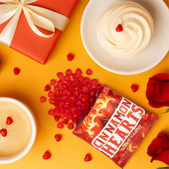 PartyWorks Cinnamon Hearts red heart candy close-up emphasizes crisp bite and spice.