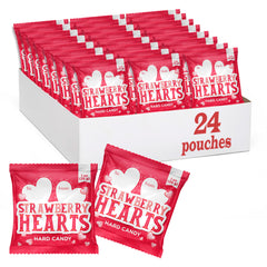 PartyWorks Strawberry Hearts candy pouches in red, white, and pink ready for classroom sharing