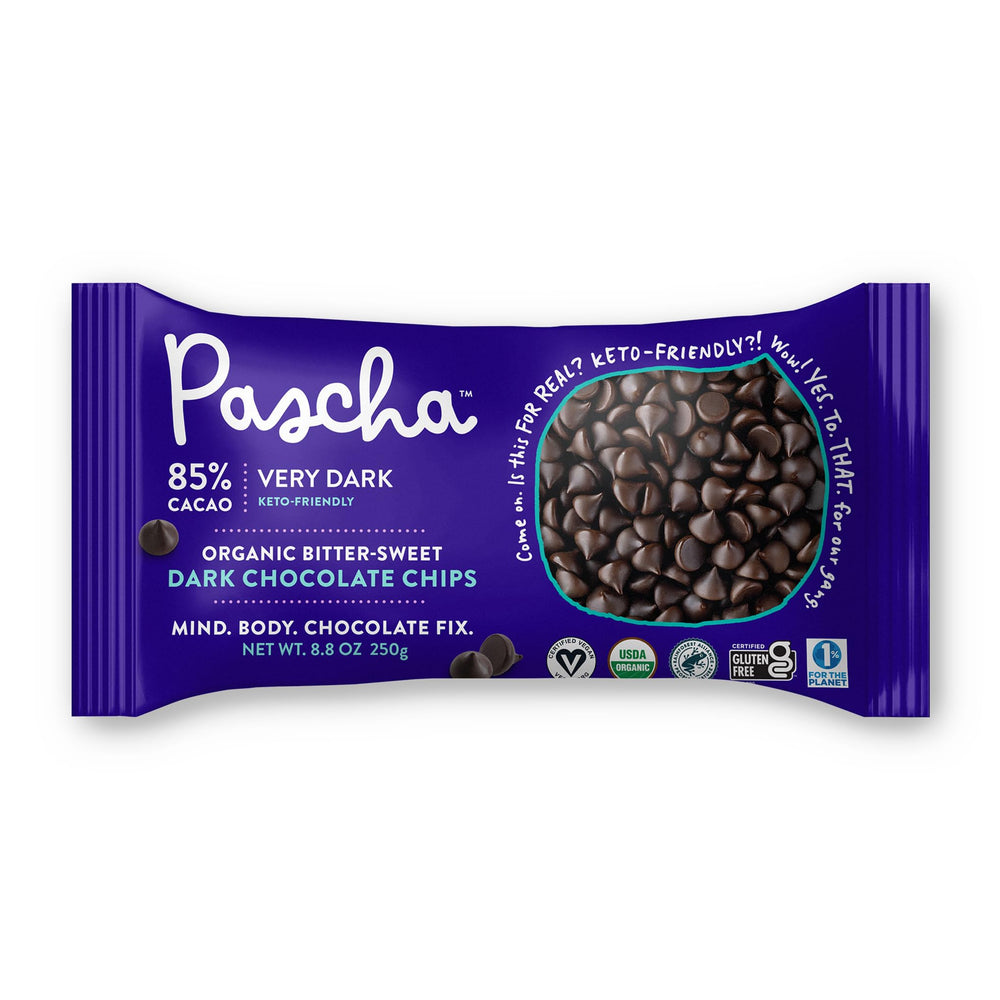 Pascha 85% cacao baking chips showcase rich color and smooth melt for gourmet baking