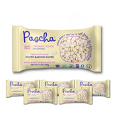 Pascha organic white rice chocolate baking chips package close-up for gluten-free baking.