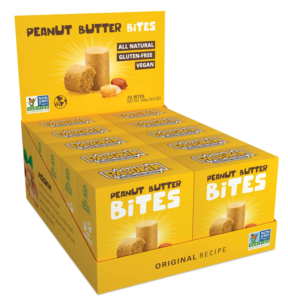 Pasokin PB Bites creamy peanut butter snack in resealable packaging for on-the-go energy.