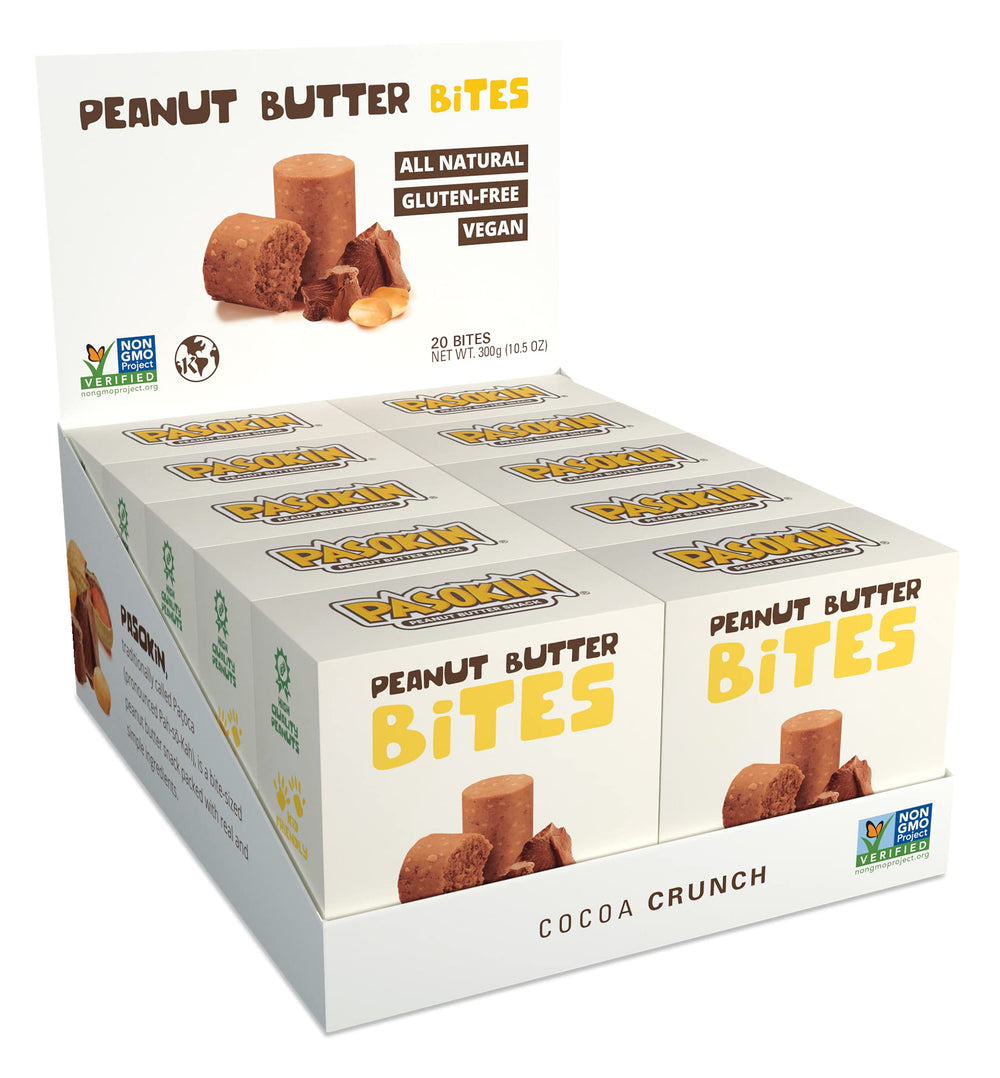 Pasokin Cocoa Crunch Bites pack-front view showing portable snack