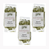 Pasta Deliziosa spinach fettuccine 3-pack with vibrant green ribbons, ready for dinner.