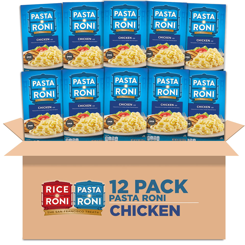 Pasta Roni Garlic Alfredo Fettuccine box on kitchen counter for quick family meals