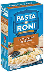 Pasta Roni Garlic Alfredo Fettuccine served with chicken as an easy meal.