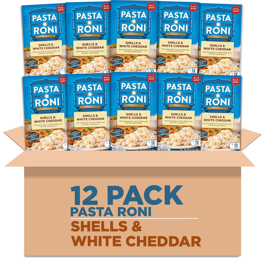 Pasta Roni shells with white cheddar in a creamy bowl, ideal for quick family dinners.