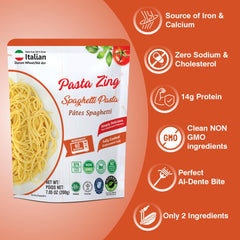 Pasta Zing label highlights 14g protein per pack.