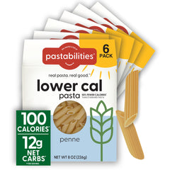 Pastabilities Low Calorie Penne pasta pack highlights 100 calories per serving.