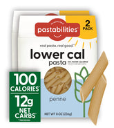 Pastabilities Penne Lower Calorie Pack Front shows a healthier dinner option with 100 calories per serving.