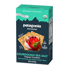 Patagonia Provisions Organic Sourdough Sea Salt Crackers packshot highlighting crisp, savory crunch for dipping