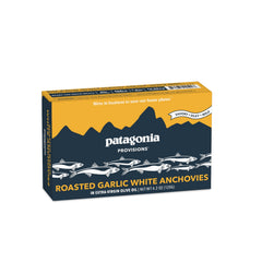 Patagonia Provisions roasted garlic white anchovies front can, protein-packed pantry staple.