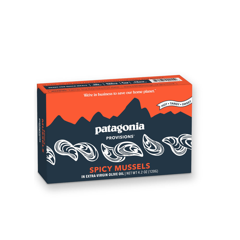Patagonia Provisions Spicy Mussels in olive oil tin, ready for a protein snack