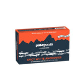 Patagonia Provisions Spicy White Anchovies tin front view, protein-rich pantry staple for quick meals.