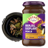 Patak's Brinjal Eggplant Pickle jar front view, ideal with naan or rice.