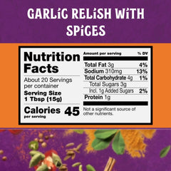 Ingredients panel on Patak’s Garlic Pickle showing garlic, raisins and spices