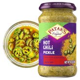 Patak's Hot Chile Pickle jar front view boosts sandwiches with bold heat.