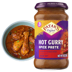 Patak's Hot Curry Spice Paste jar close-up showing bold flavor base for quick curries.