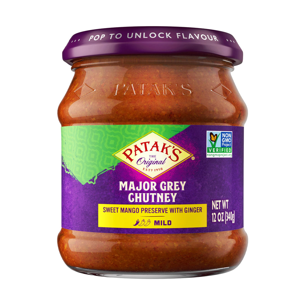 Patak's Major Grey Chutney jar close-up with mango and ginger, great for dipping.